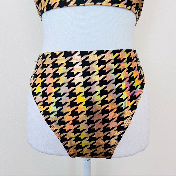 TastefulGirl Black & Gold Holo Houndstooth Tube Top & High Leg Bottom Rave Set - Picture 7 of 13